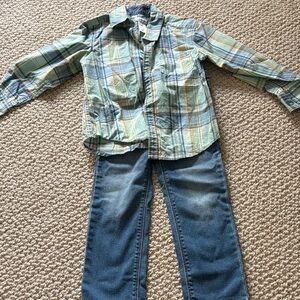 Old Navy & Carter’s Green Plaid Shirt and Blue Jeans Set 4T